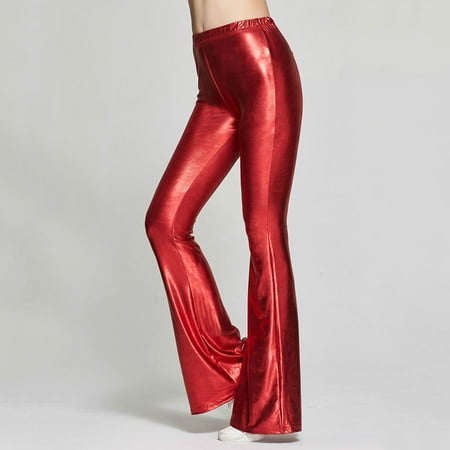 Women Smooth Solid Color High Waist Faux Leather Slim Bell-bottom Trousers Pants